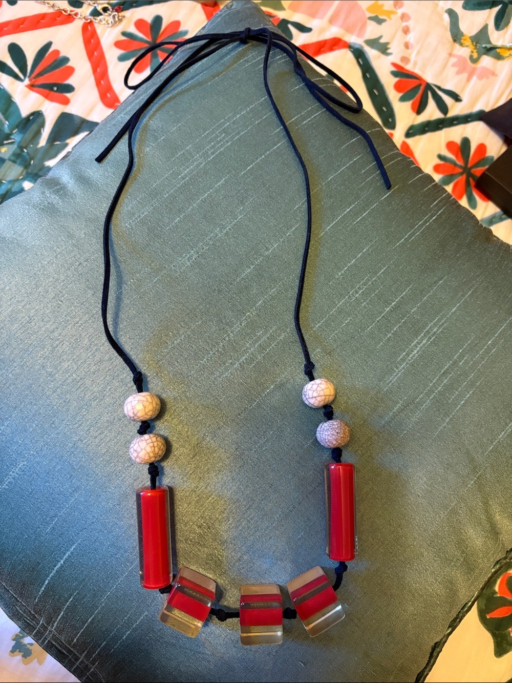 Handcrafted Red Bead Pendant Necklace on Leather
